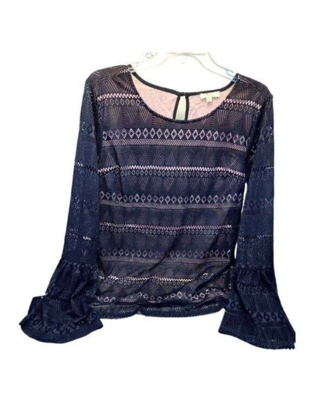Kori America Sheer Black Lace Knit Top Size Small with Pink Shell bell sleeve